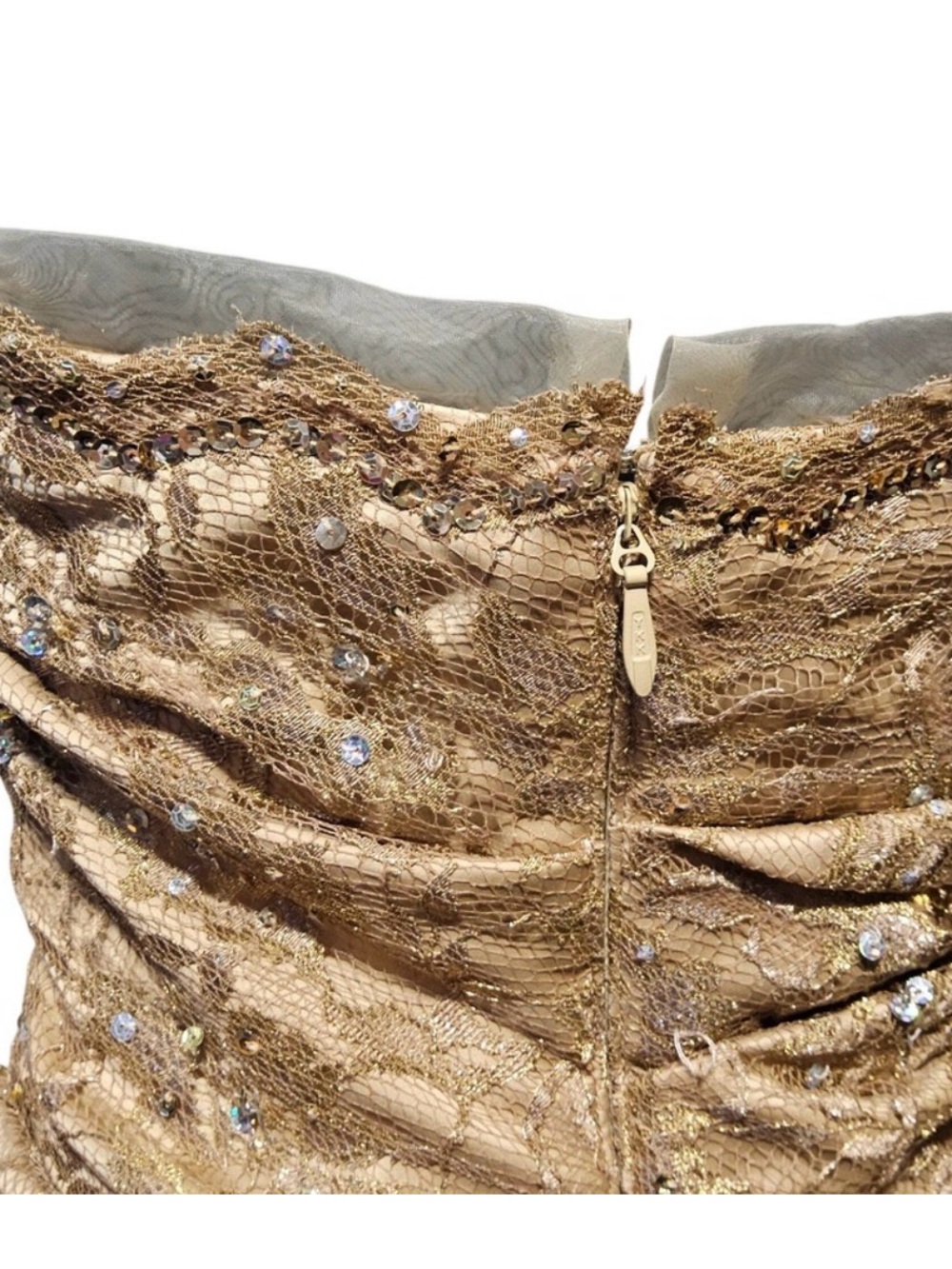Strapless Gold Lace Sequin Evening Dress